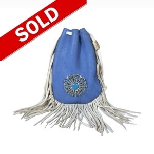 Handmade Leather Turquoise Pouch with Fringe & Bone Tassle